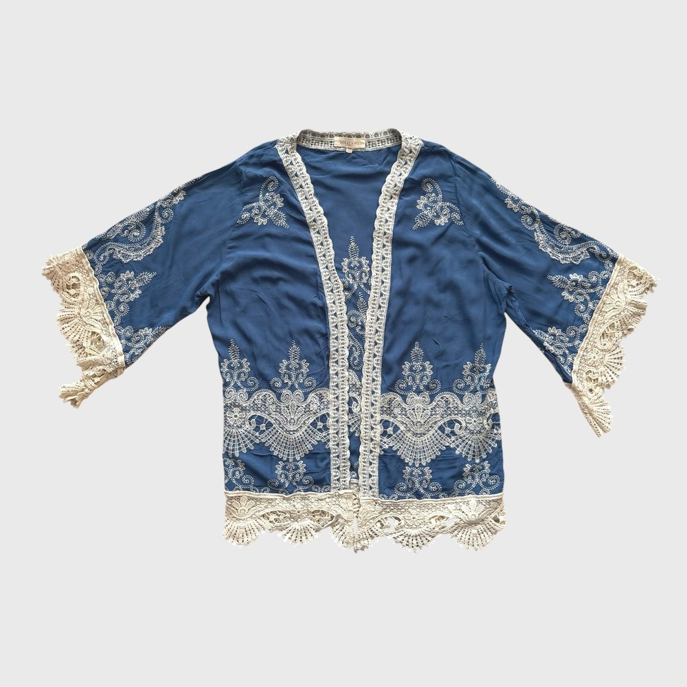 Solitaire Anthropologie Blue Embroidered Crochet Trim Open Front Cardigan Boho